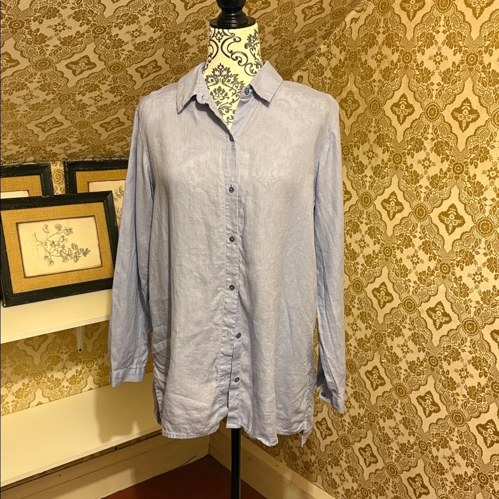 Eileen Fisher Pale Blue Linen Casual Button-Up Shirt